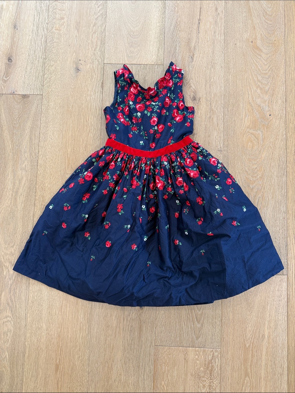 Janie and Jack Navy Dress with Red Floral Print and Red Waist